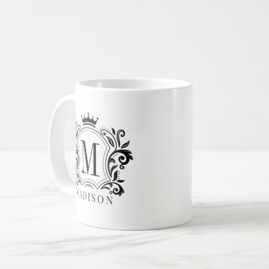 Zwart Royal Crest Crown Scrolls Monogram Koffiemok (Voorkant links)