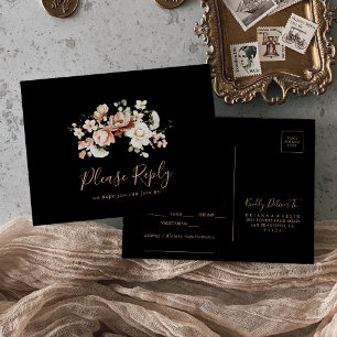 Zwart Royal Floral Menu Keuze RSVP Briefkaart