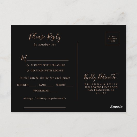 Zwart Royal Floral Menu Keuze RSVP Briefkaart (Achterkant)