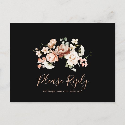 Zwart Royal Floral Menu Keuze RSVP Briefkaart (Voorkant)