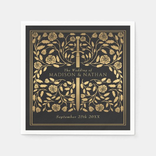 Zwart Royal middeleeuws goud zwaard bruiloft Servet (Voorkant)