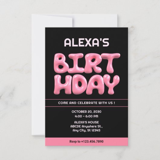 Zwart Roze 3d bubble gum verjaardag Kaart (Voorkant)