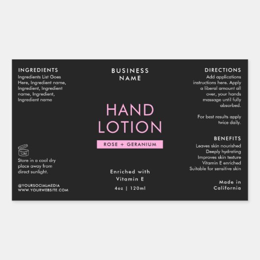 Zwart & Roze 4 OZ Cosmetische Fles Wrapper Label (Voorkant)
