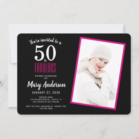 Zwart Roze 50 en Fabulous 50ste Verjaardagsfeestje Kaart (Voorkant)