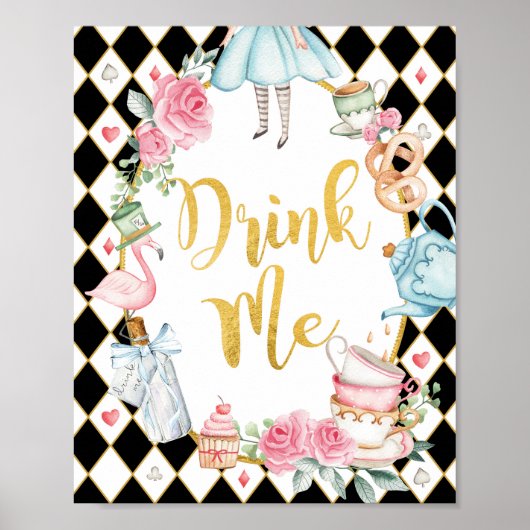 Zwart Roze Alice in Wonderland DRINK ME Party Sign Poster (Voorkant)