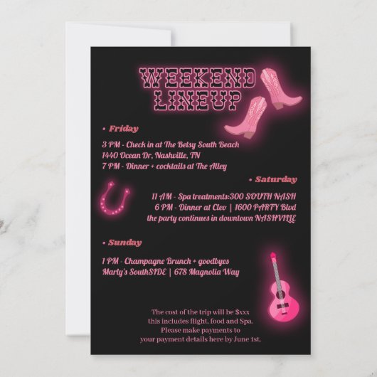 Zwart Roze Bachelorette Weekend Uitnodiging (Achterkant)