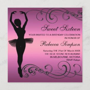 Zwart & Roze Ballerina & Swirl Verjaardagsuitnodig Kaart