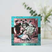 ZWART ROZE BLAUW FIETS HUWELIJK DAMAST MONOGRAM KAART (Staand voorkant)