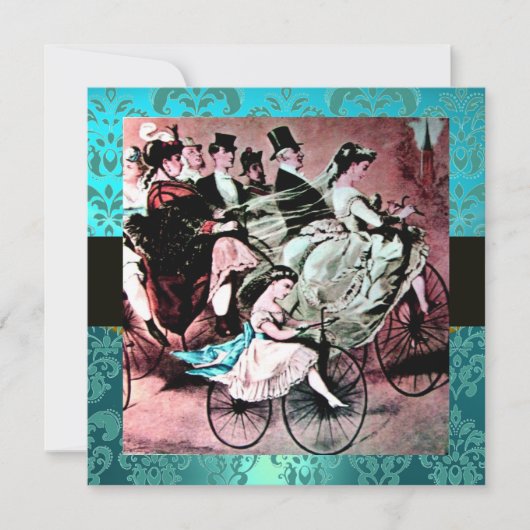 ZWART ROZE BLAUW FIETS HUWELIJK DAMAST MONOGRAM KAART (Voorkant)