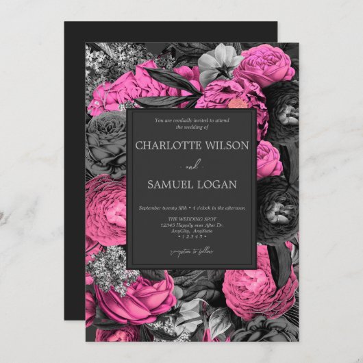 Zwart Roze Bloem | Moderne Chic Bloem Bruiloftsinv Kaart (Voorkant / Achterkant)