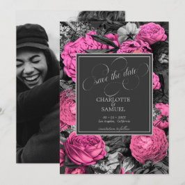 Zwart Roze Bloem | Zwart en Wit Foto Bruiloft Save The Date