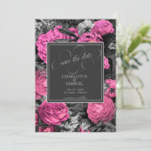 Zwart Roze Bloem | Zwart en Witte Foto Bruiloft Save The Date (Staand voorkant)