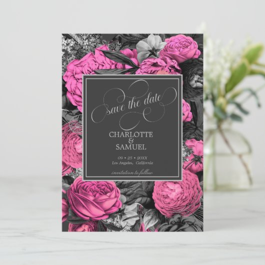 Zwart Roze Bloem | Zwart en Witte Foto Bruiloft Save The Date (Staand voorkant)