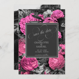 Zwart Roze Bloem | Zwart en Witte Foto Bruiloft Save The Date