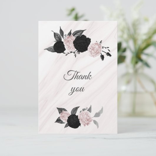 zwart & roze bloemen botanisch marmer bedankkaart (Staand voorkant)