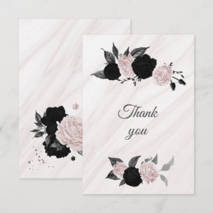 zwart & roze bloemen botanisch marmer bedankkaart