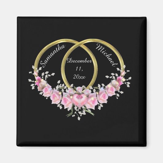 Zwart roze bloemen bruiloft aandenken magneet (Voorkant)