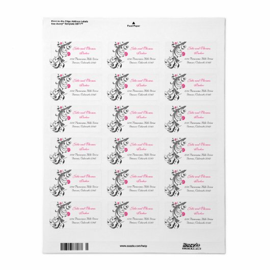 Zwart Roze Bloemen Bruiloft Retouradres Label (Full Sheet)