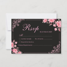 Zwart & Roze Bloemen Bruiloft RSVP Kaart