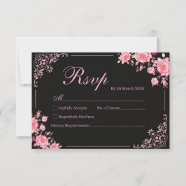 Zwart & Roze Bloemen Bruiloft RSVP Kaart
