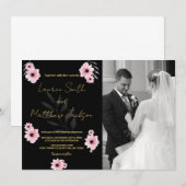 Zwart Roze Bloemen Bruiloft Uitnodigingen met foto (Voorkant / Achterkant)