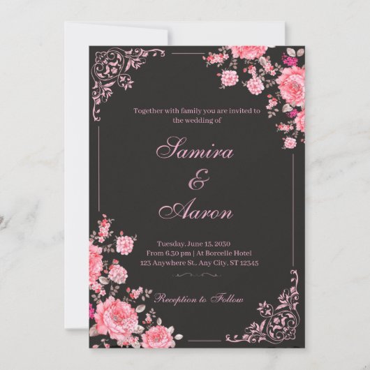 Zwart & Roze Bloemen Bruiloftsinvitation Kaart (Voorkant)