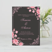 Zwart & Roze Bloemen Bruiloftsinvitation Kaart (Staand voorkant)