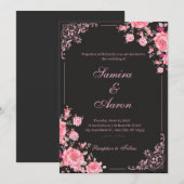 Zwart & Roze Bloemen Bruiloftsinvitation Kaart (Voorkant / Achterkant)