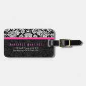 Zwart & Roze  Bloemen Damasks Bagagelabel (Voorkant horizontaal)