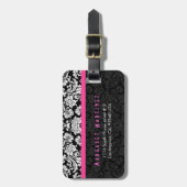 Zwart & Roze  Bloemen Damasks Bagagelabel (Voorkant verticaal)