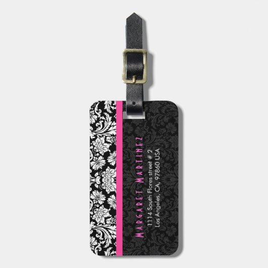 Zwart & Roze  Bloemen Damasks Bagagelabel (Voorkant verticaal)