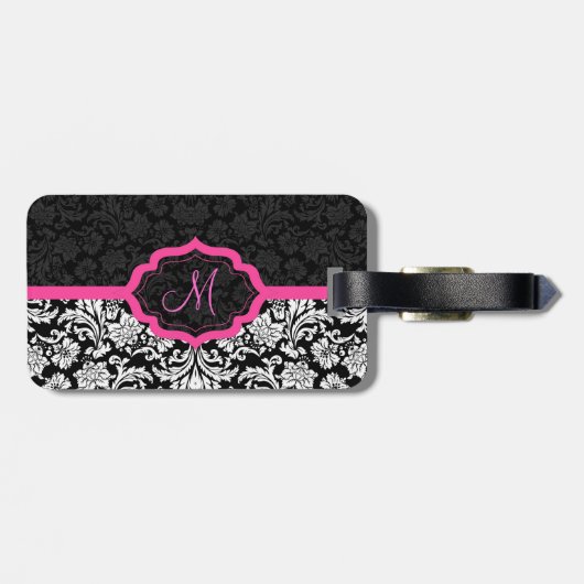 Zwart & Roze Bloemen Damasks Bagagelabel (Achterkant horizontaal)