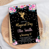 Zwart Roze Bloemen Fairy Verjaardag Uitnodigingen