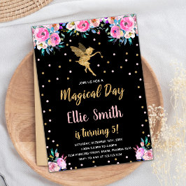Zwart Roze Bloemen Fairy Verjaardag Uitnodigingen