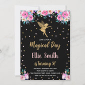 Zwart Roze Bloemen Fairy Verjaardag Uitnodigingen (Voorkant)