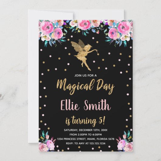 Zwart Roze Bloemen Fairy Verjaardag Uitnodigingen (Voorkant)