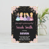 Zwart Roze Bloemen Glitter Prinses Uitnodigingen (Staand voorkant)
