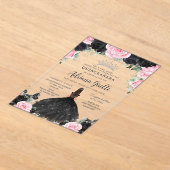 Zwart Roze Bloemen Jurk Zilver Quinceanera Acryl Uitnodigingen (Laagn)