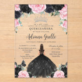 Zwart Roze Bloemen Jurk Zilver Quinceanera Acryl Uitnodigingen (Voorkant)