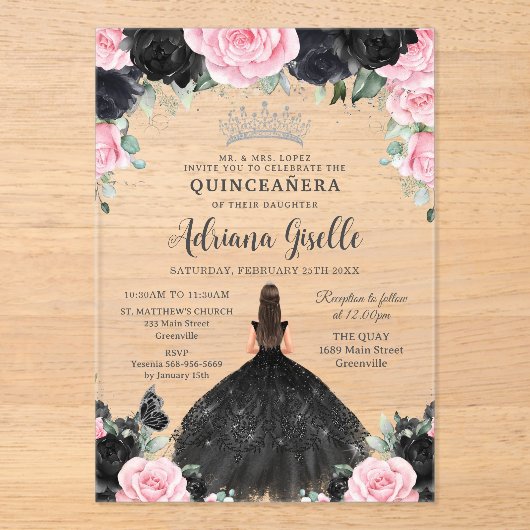 Zwart Roze Bloemen Jurk Zilver Quinceanera Acryl Uitnodigingen (Voorkant)