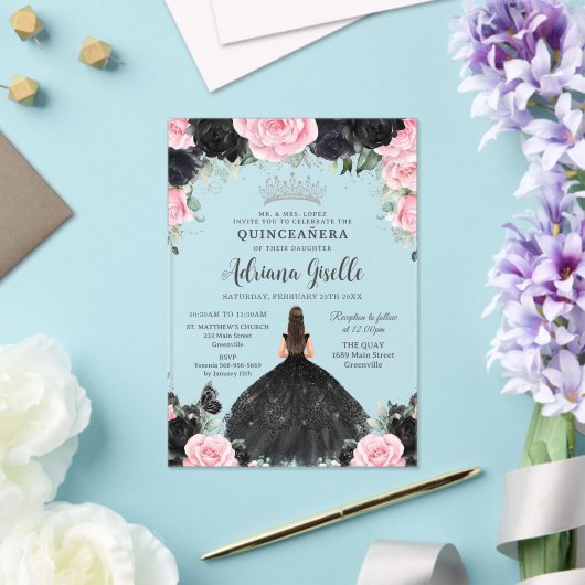 Zwart Roze Bloemen Jurk Zilver Quinceanera Acryl Uitnodigingen (Insitu (Huwelijk))