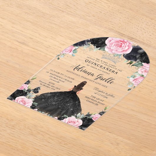 Zwart Roze Bloemen Jurk Zilver Quinceanera Acryl Uitnodigingen (Laagn)
