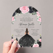 Zwart Roze Bloemen Jurk Zilver Quinceanera Acryl Uitnodigingen (Insitu (Draagbaar))