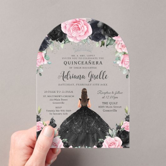 Zwart Roze Bloemen Jurk Zilver Quinceanera Acryl Uitnodigingen (Insitu (Draagbaar))