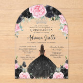 Zwart Roze Bloemen Jurk Zilver Quinceanera Acryl Uitnodigingen (Voorkant)