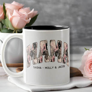 Zwart/Roze Bloemen Kant Varsity Style Mama Tweekleurige Koffiemok