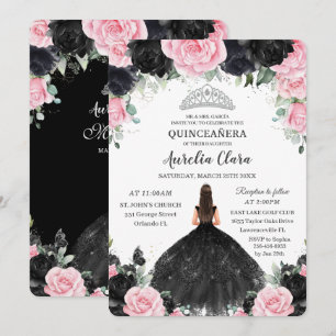 Zwart Roze Bloemen Prinses Gown Zilver Quinceañera Kaart