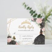 Zwart Roze Bloemen Prinses Jurk Quinceañera Antwoo RSVP Kaartje (Staand voorkant)