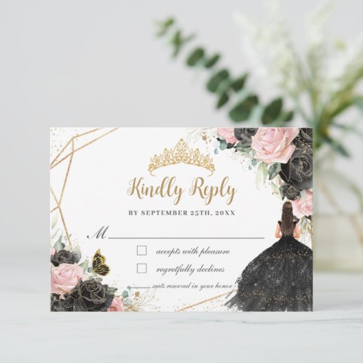 Zwart Roze Bloemen Prinses Jurk Quinceañera Antwoo RSVP Kaartje (Staand voorkant)