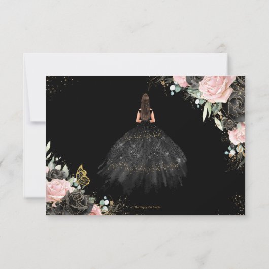 Zwart Roze Bloemen Prinses Jurk Quinceañera Antwoo RSVP Kaartje (Achterkant)